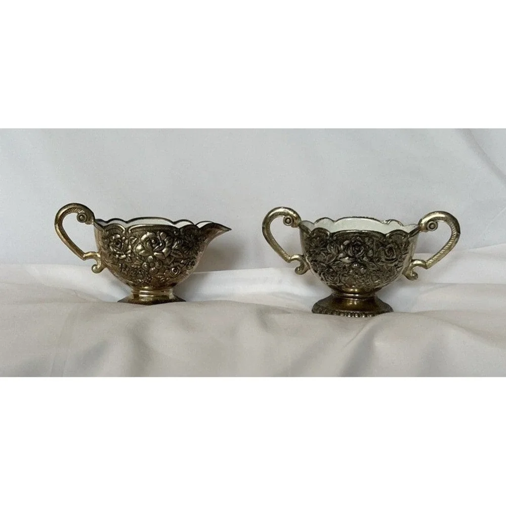 Vintage Silver Plated Sugar And Creamer Set With‎ Inner Ceramic Coating Decor